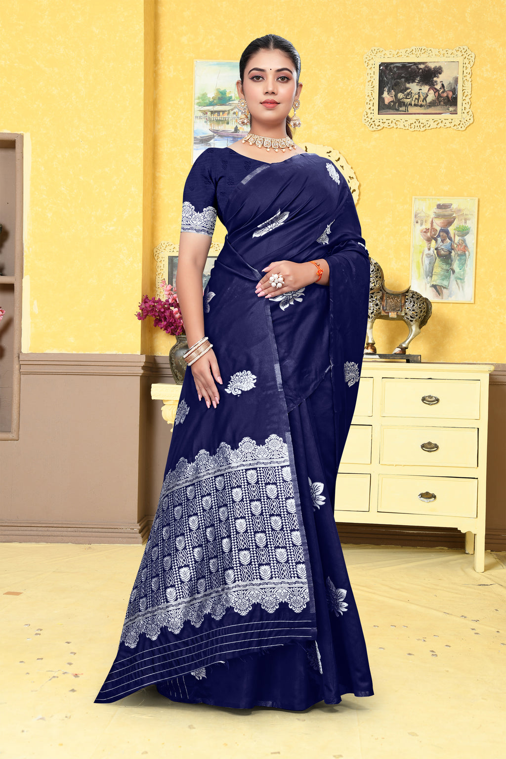 Classic Navy Blue Banarasi Silk Saree with Silver Zari Weaving