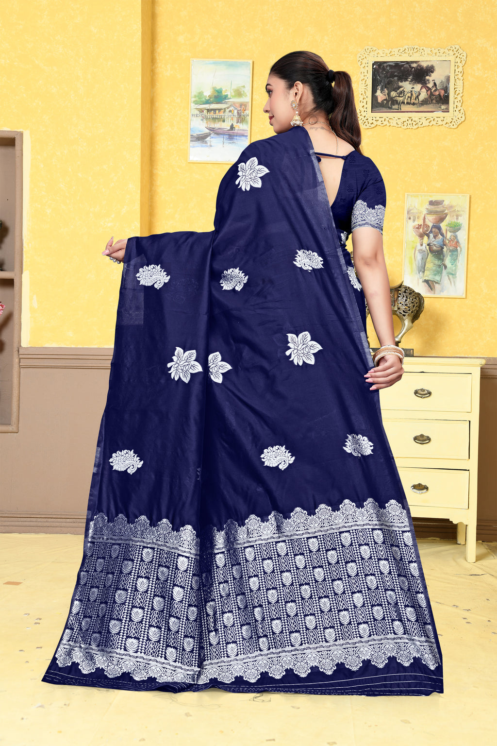 Classic Navy Blue Banarasi Silk Saree with Silver Zari Weaving