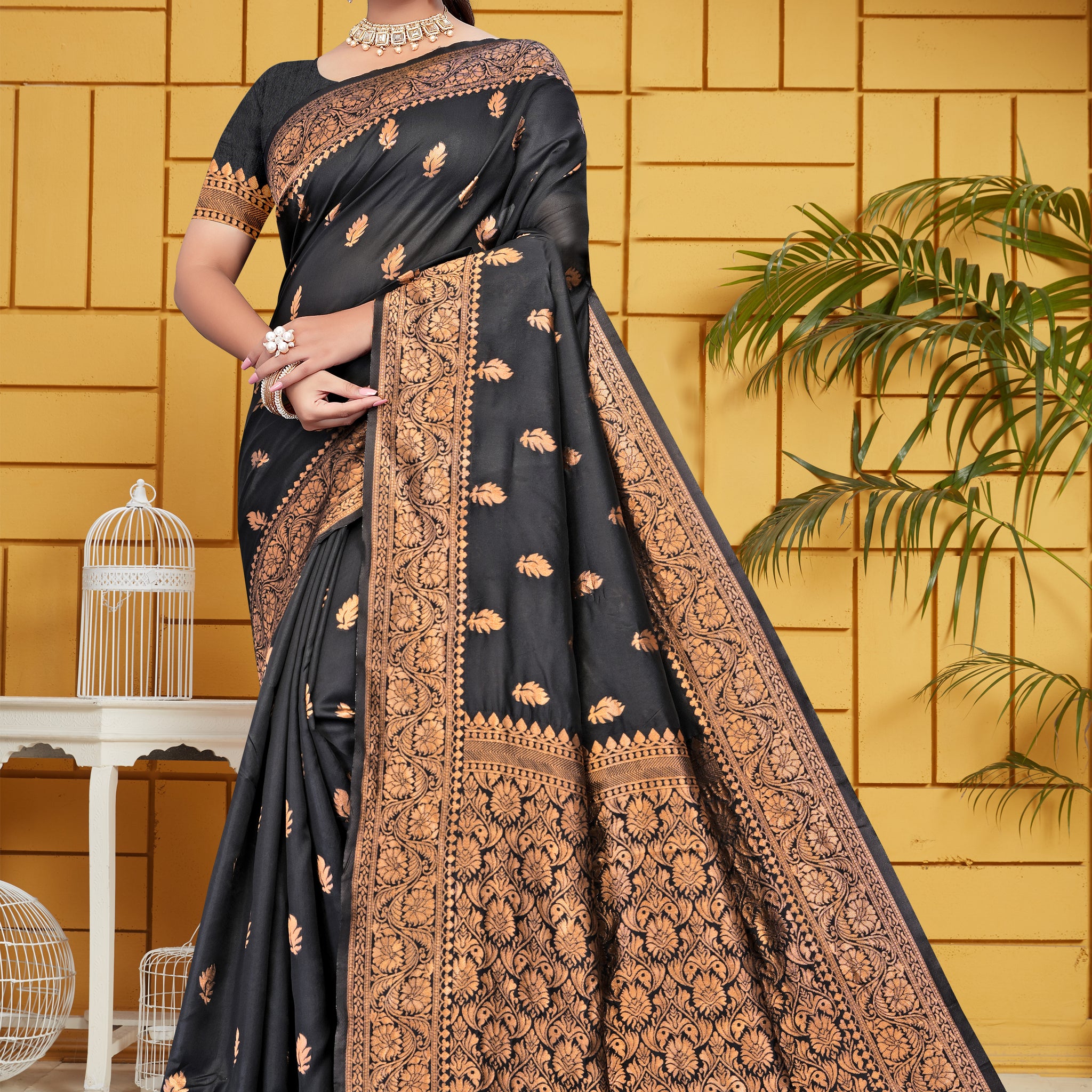 Exquisite Black and Bronze Banarasi Silk Saree
