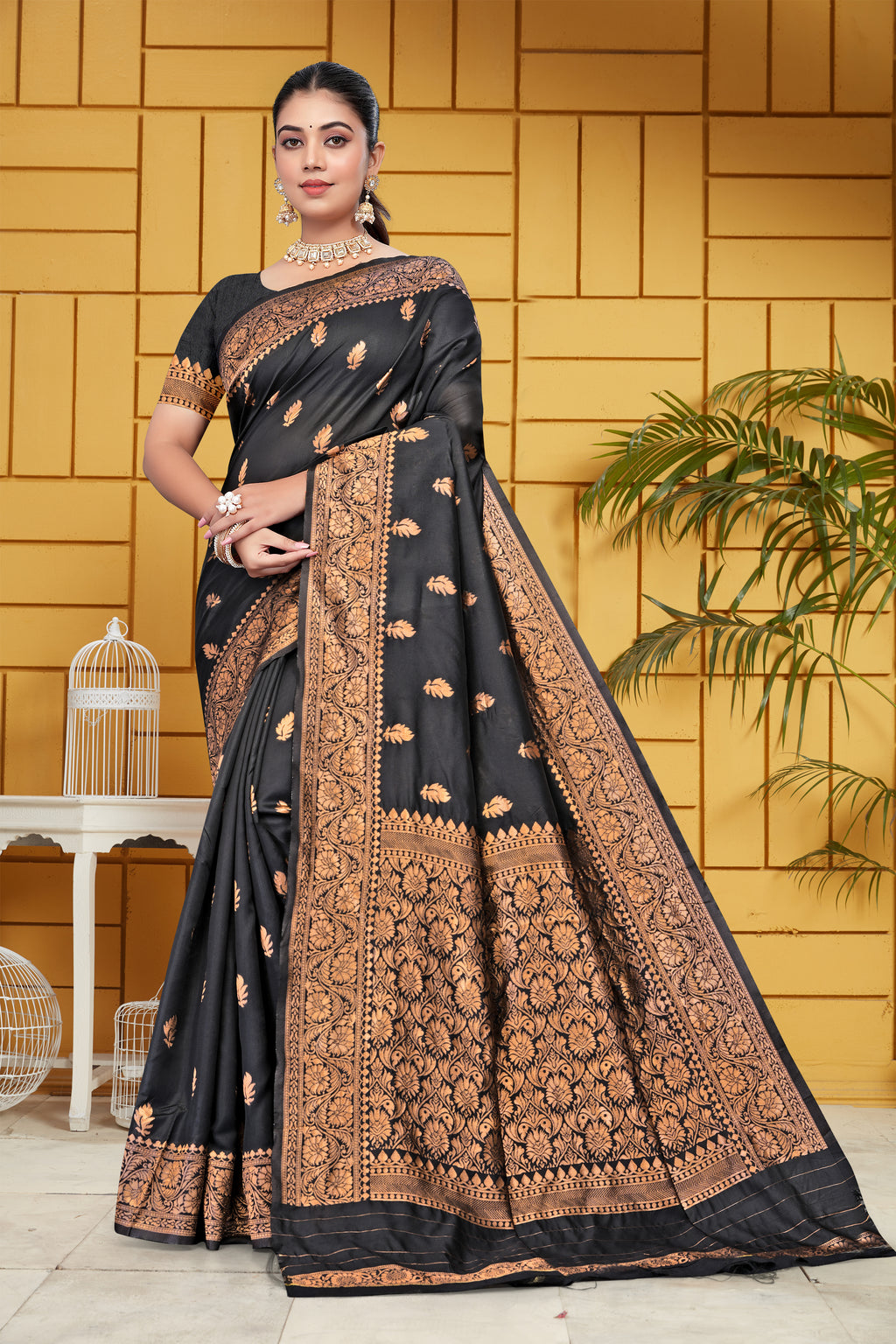 Exquisite Black and Bronze Banarasi Silk Saree