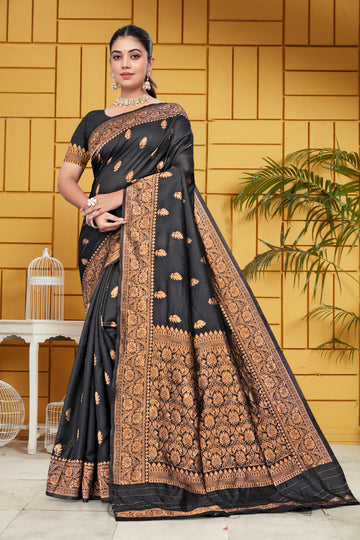 Exquisite Black and Bronze Banarasi Silk Saree