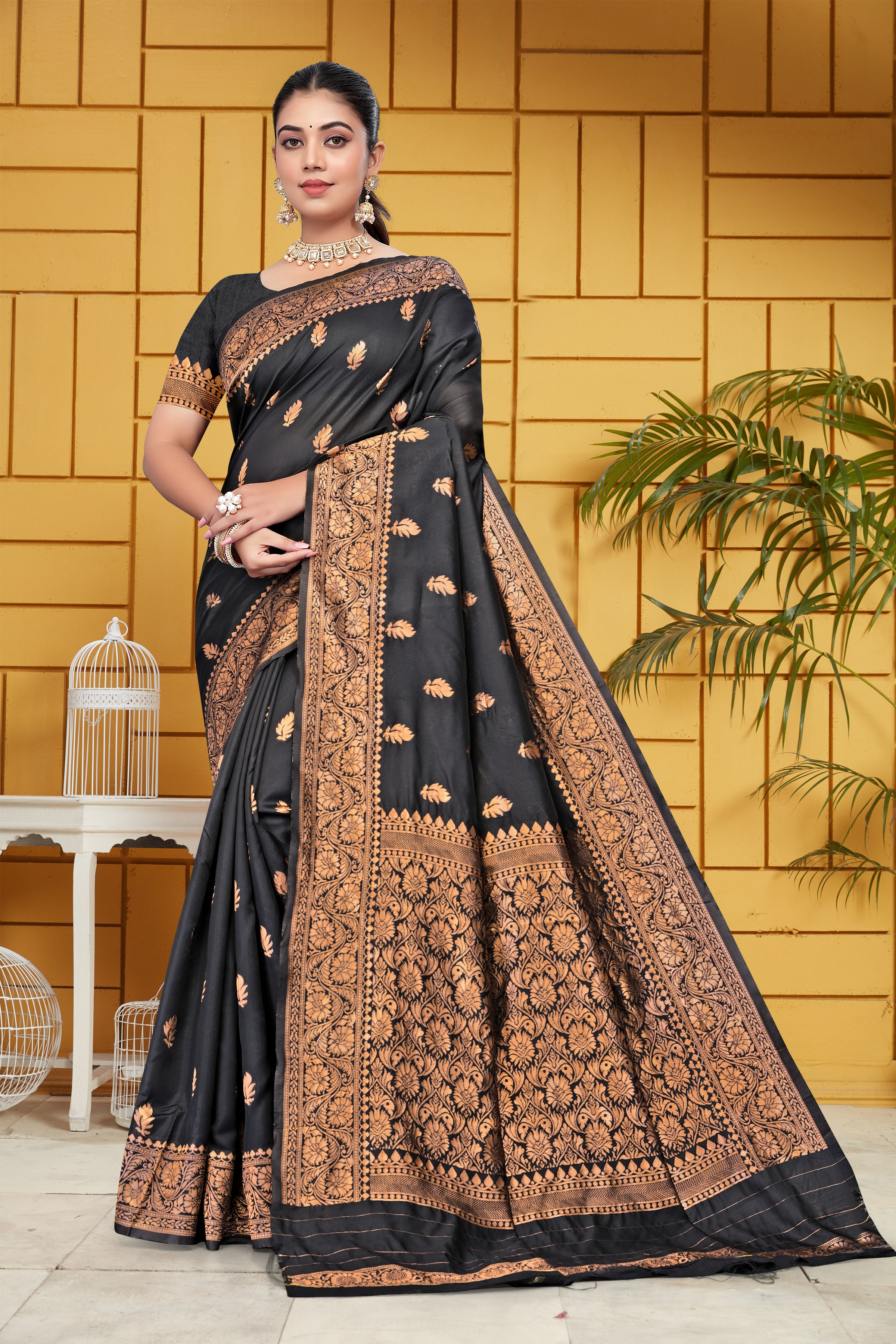 Exquisite Black and Bronze Banarasi Silk Saree