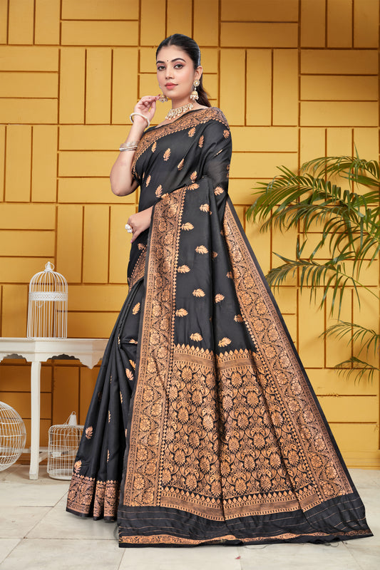 Exquisite Black and Bronze Banarasi Silk Saree