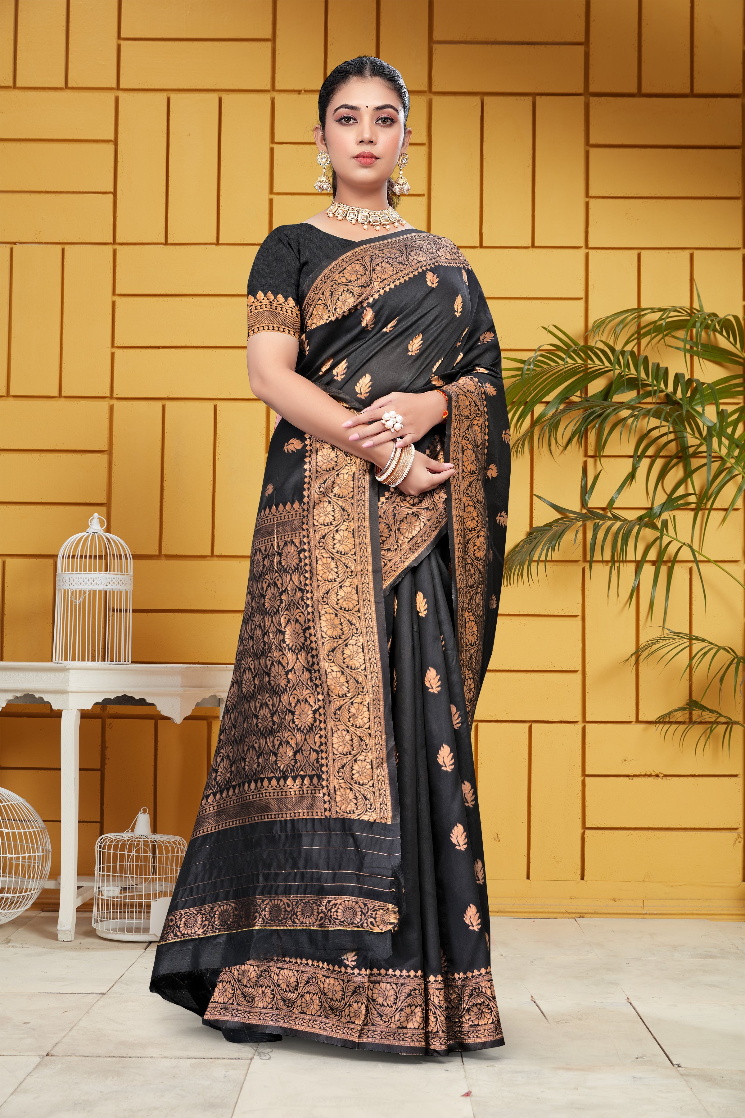 Exquisite Black and Bronze Banarasi Silk Saree