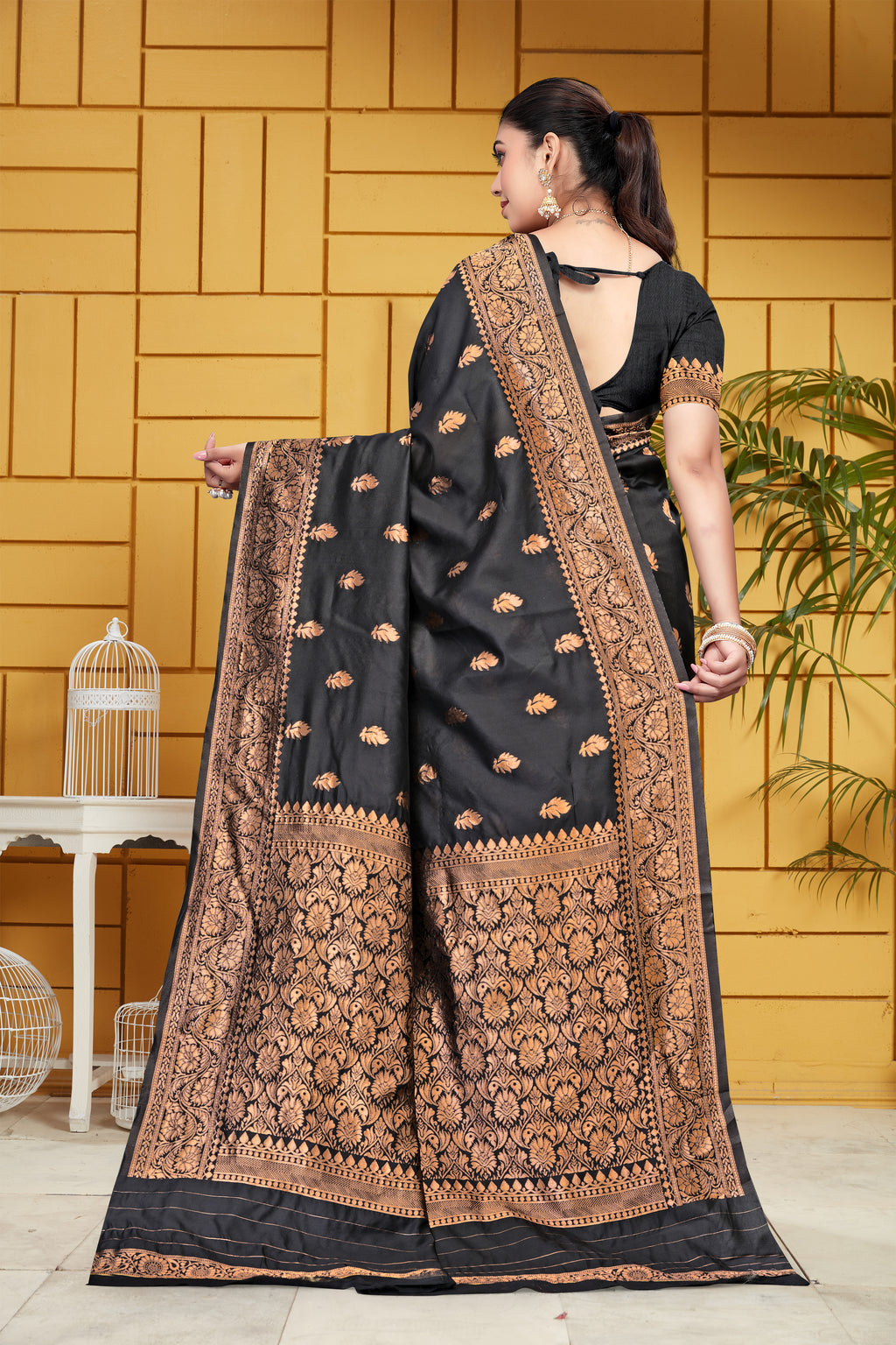 Exquisite Black and Bronze Banarasi Silk Saree