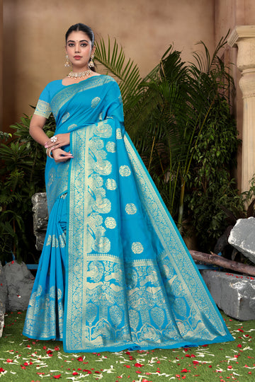 Radiant Cyan Banarasi Silk Saree with Golden Zari Weaving