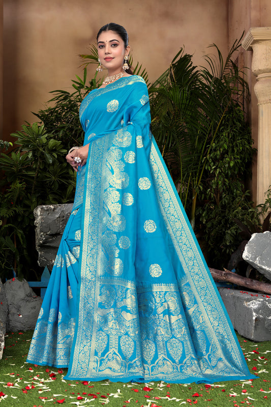 Radiant Cyan Banarasi Silk Saree with Golden Zari Weaving