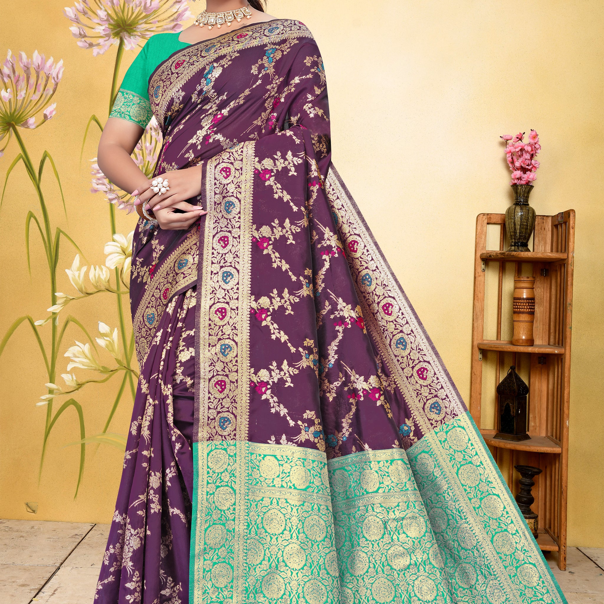 Regal Purple Banarasi Silk Saree with Green Zari Weaving