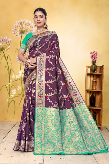 Regal Purple Banarasi Silk Saree with Green Zari Weaving