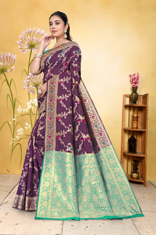 Regal Purple Banarasi Silk Saree with Green Zari Weaving