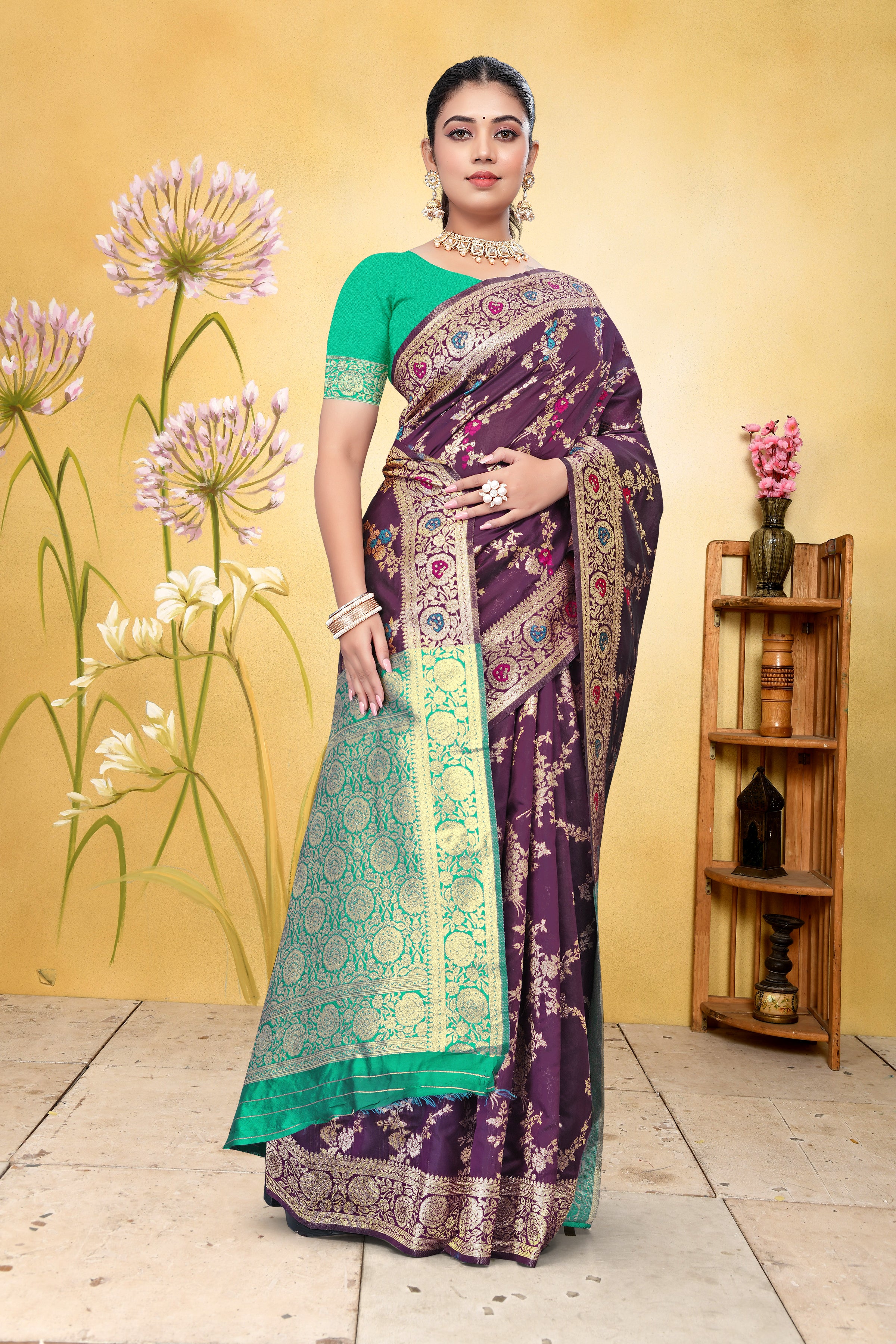 Regal Purple Banarasi Silk Saree with Green Zari Weaving