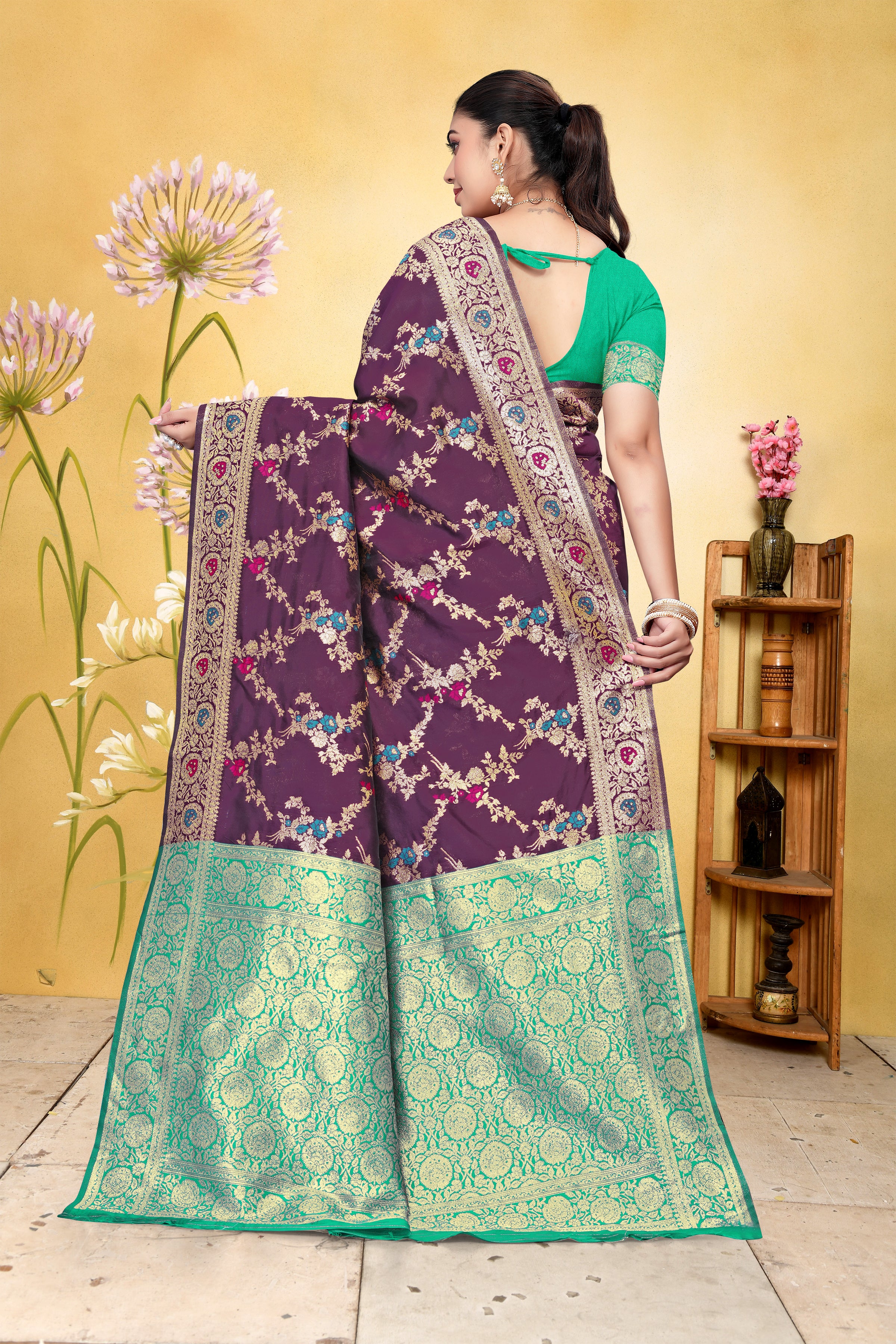 Regal Purple Banarasi Silk Saree with Green Zari Weaving