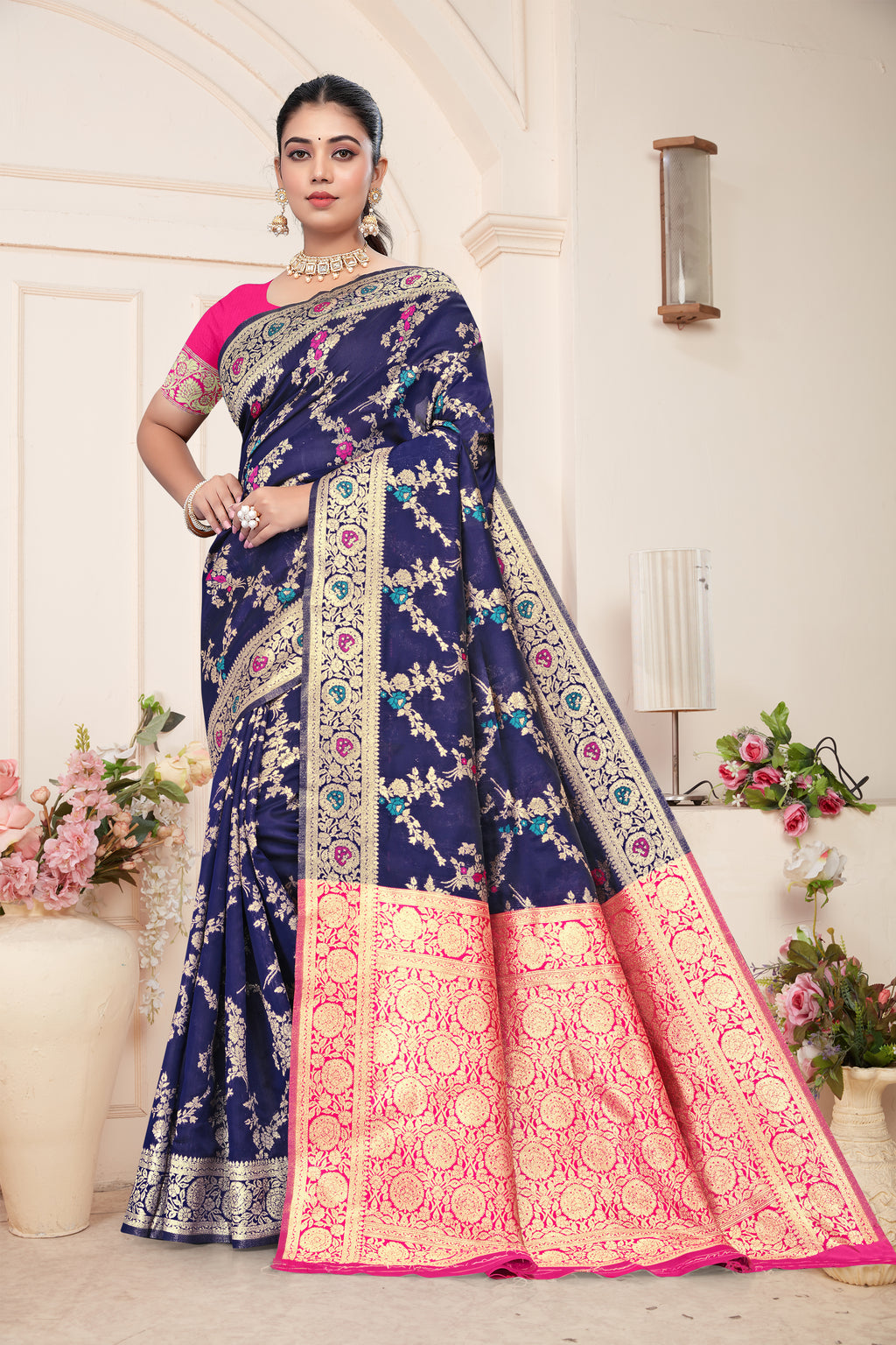 Regal Navy Blue Banarasi Silk Saree with Pink Zari Weaving