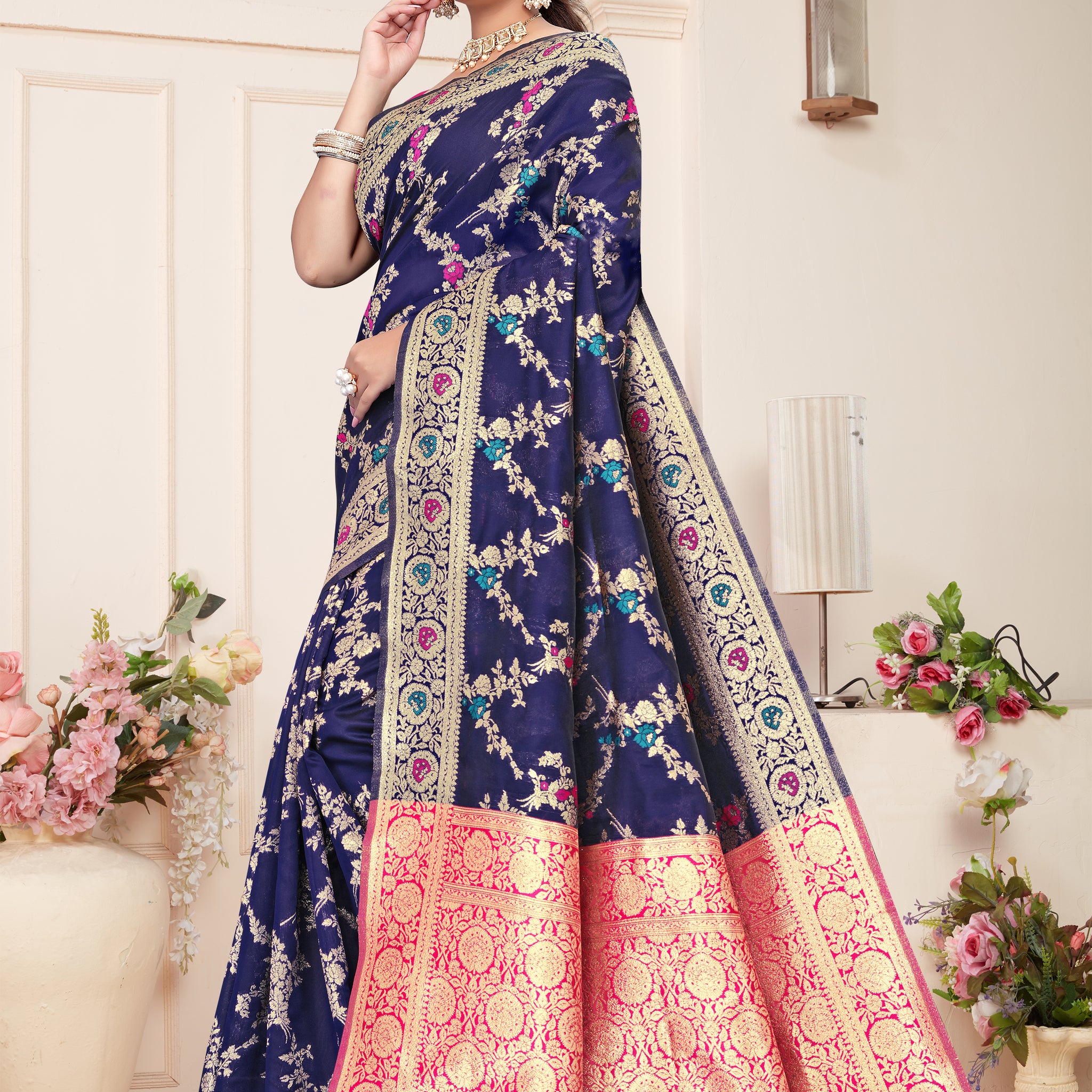Regal Navy Blue Banarasi Silk Saree with Pink Zari Weaving