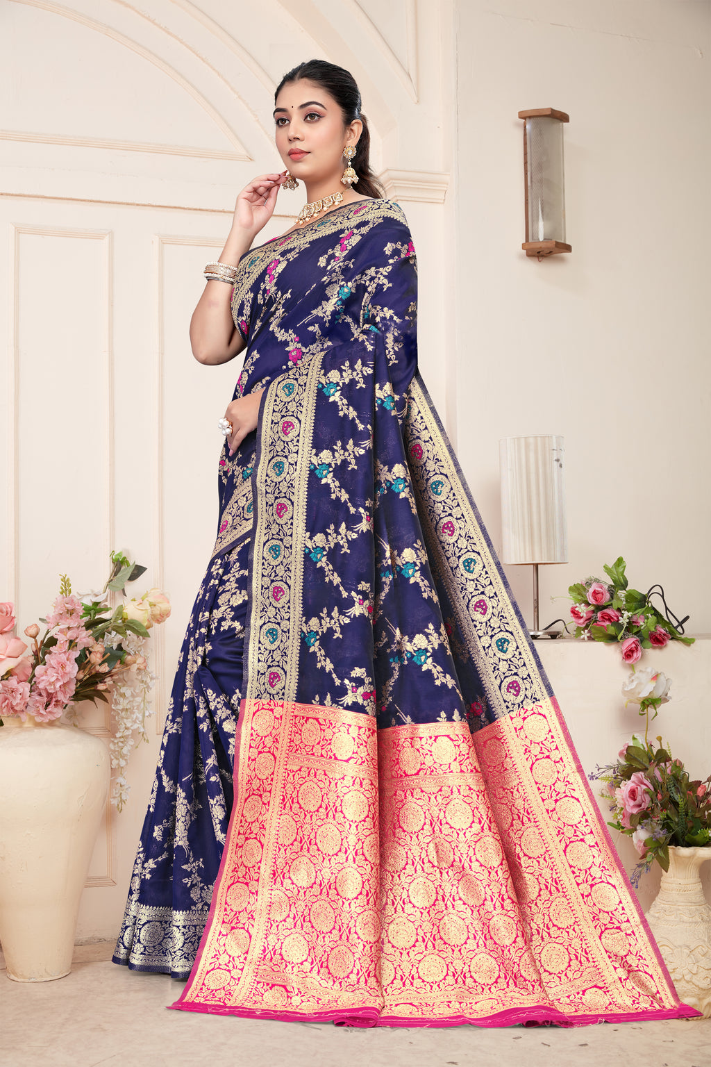 Regal Navy Blue Banarasi Silk Saree with Pink Zari Weaving