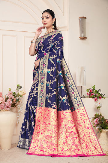Regal Navy Blue Banarasi Silk Saree with Pink Zari Weaving