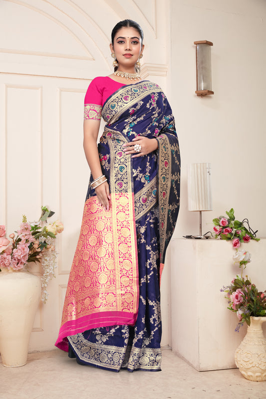 Regal Navy Blue Banarasi Silk Saree with Pink Zari Weaving
