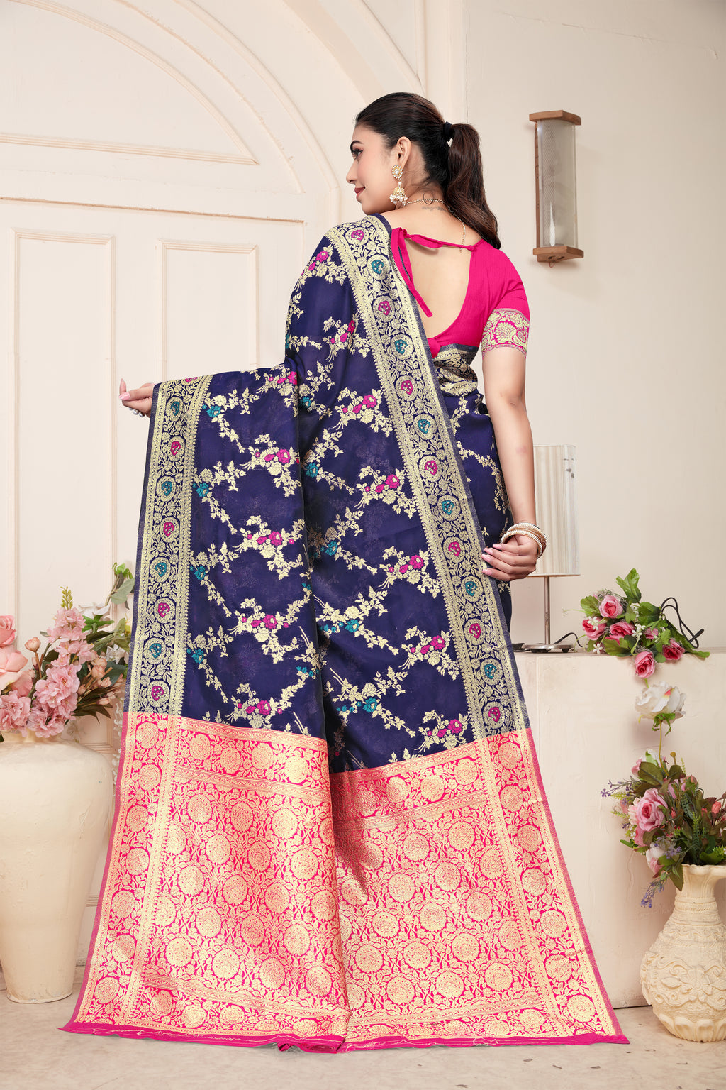 Regal Navy Blue Banarasi Silk Saree with Pink Zari Weaving