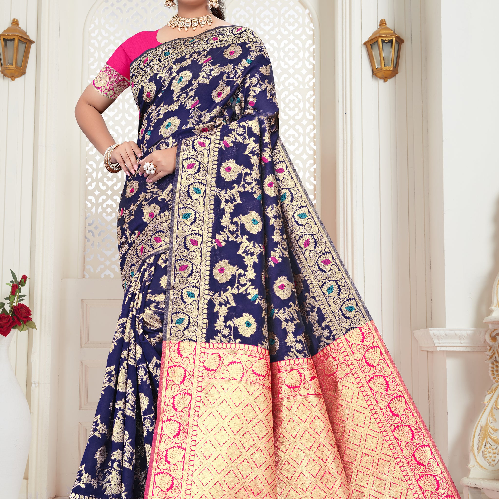 Royal Blue Banarasi Silk Saree with Pink Zari Weaving