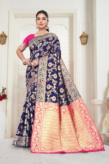 Royal Blue Banarasi Silk Saree with Pink Zari Weaving