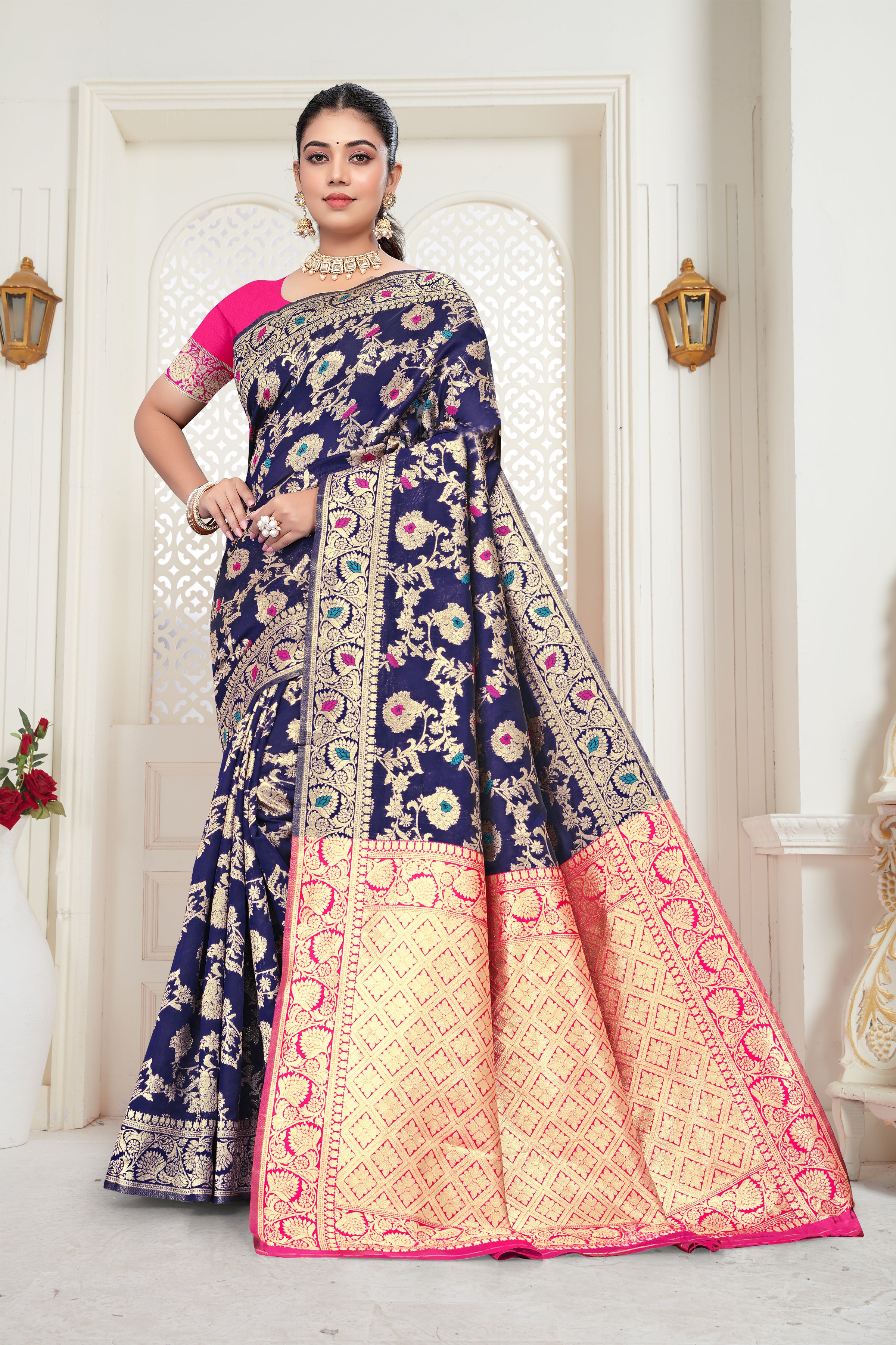 Royal Blue Banarasi Silk Saree with Pink Zari Weaving