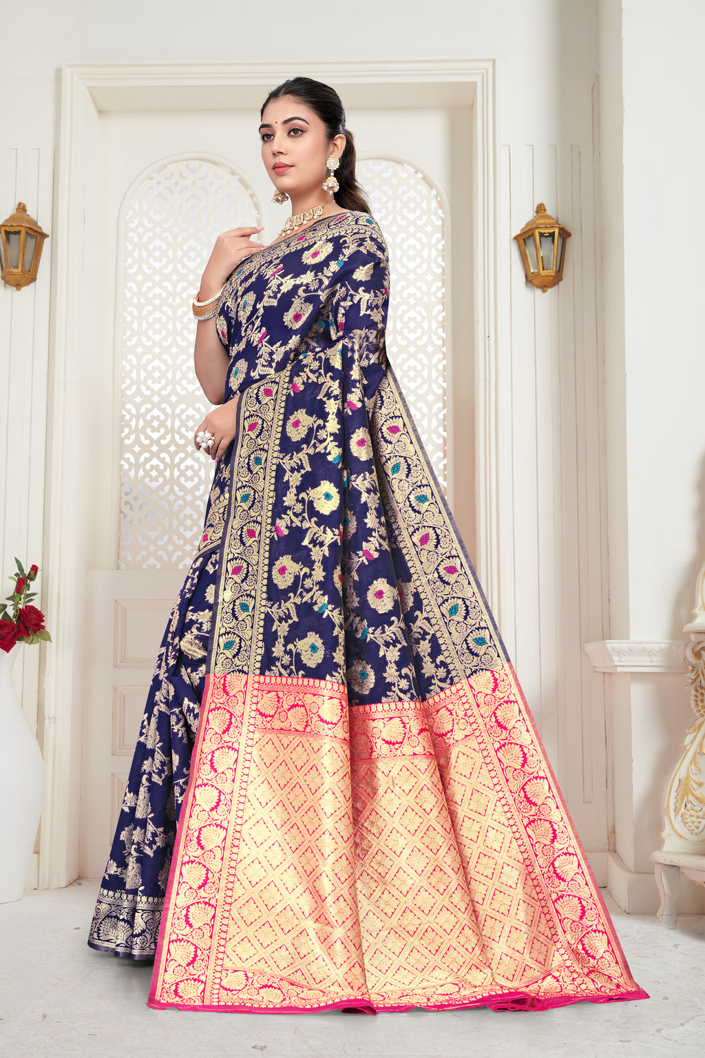 Royal Blue Banarasi Silk Saree with Pink Zari Weaving