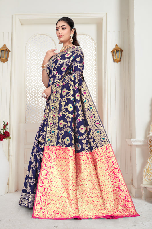 Royal Blue Banarasi Silk Saree with Pink Zari Weaving