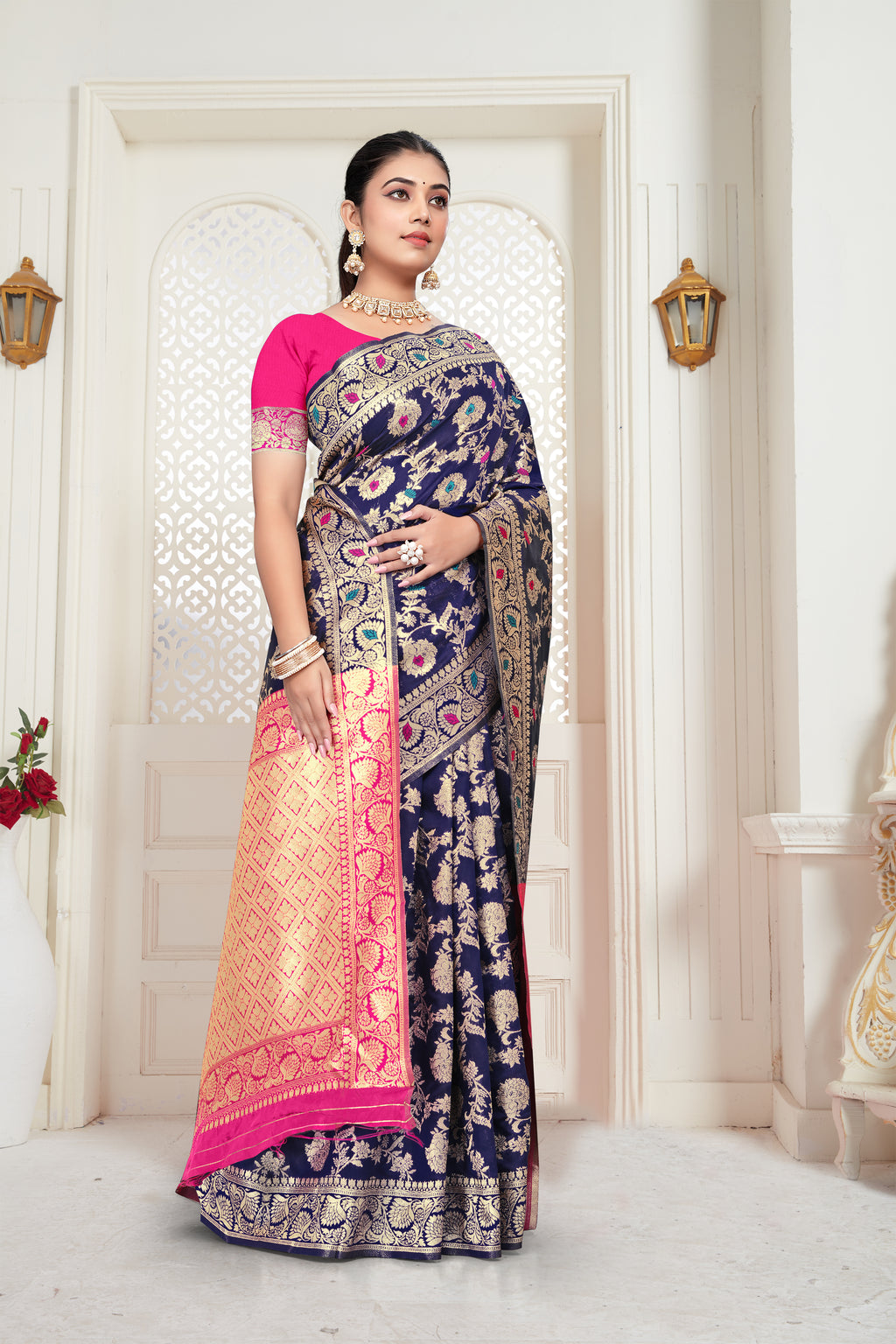Royal Blue Banarasi Silk Saree with Pink Zari Weaving
