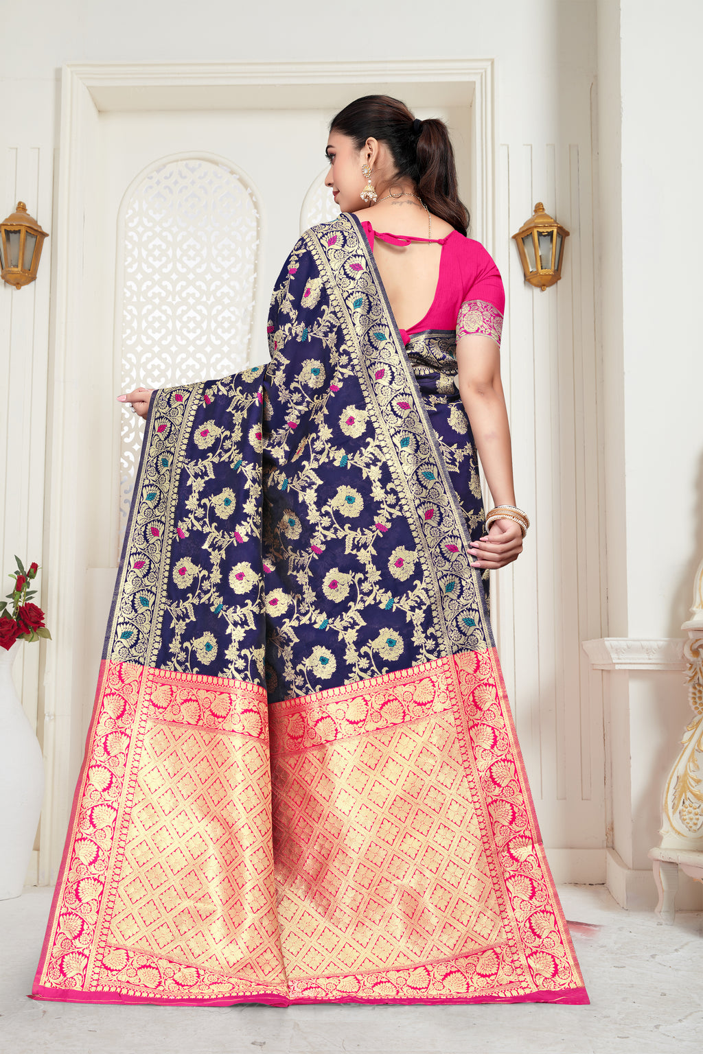 Royal Blue Banarasi Silk Saree with Pink Zari Weaving