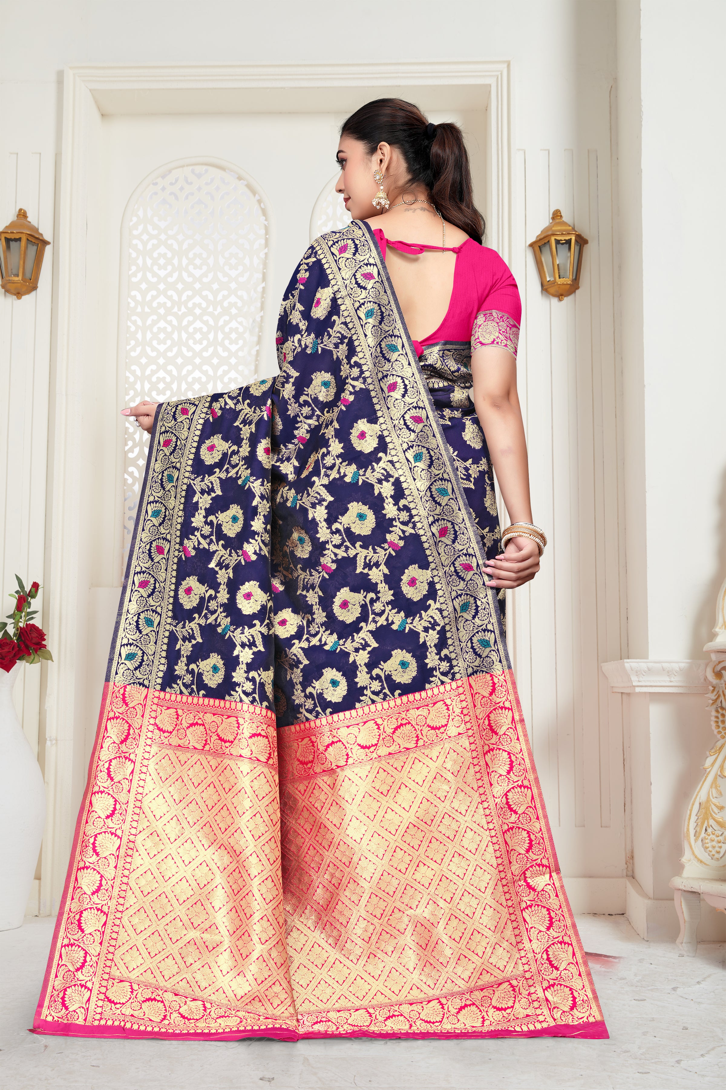 Royal Blue Banarasi Silk Saree with Pink Zari Weaving