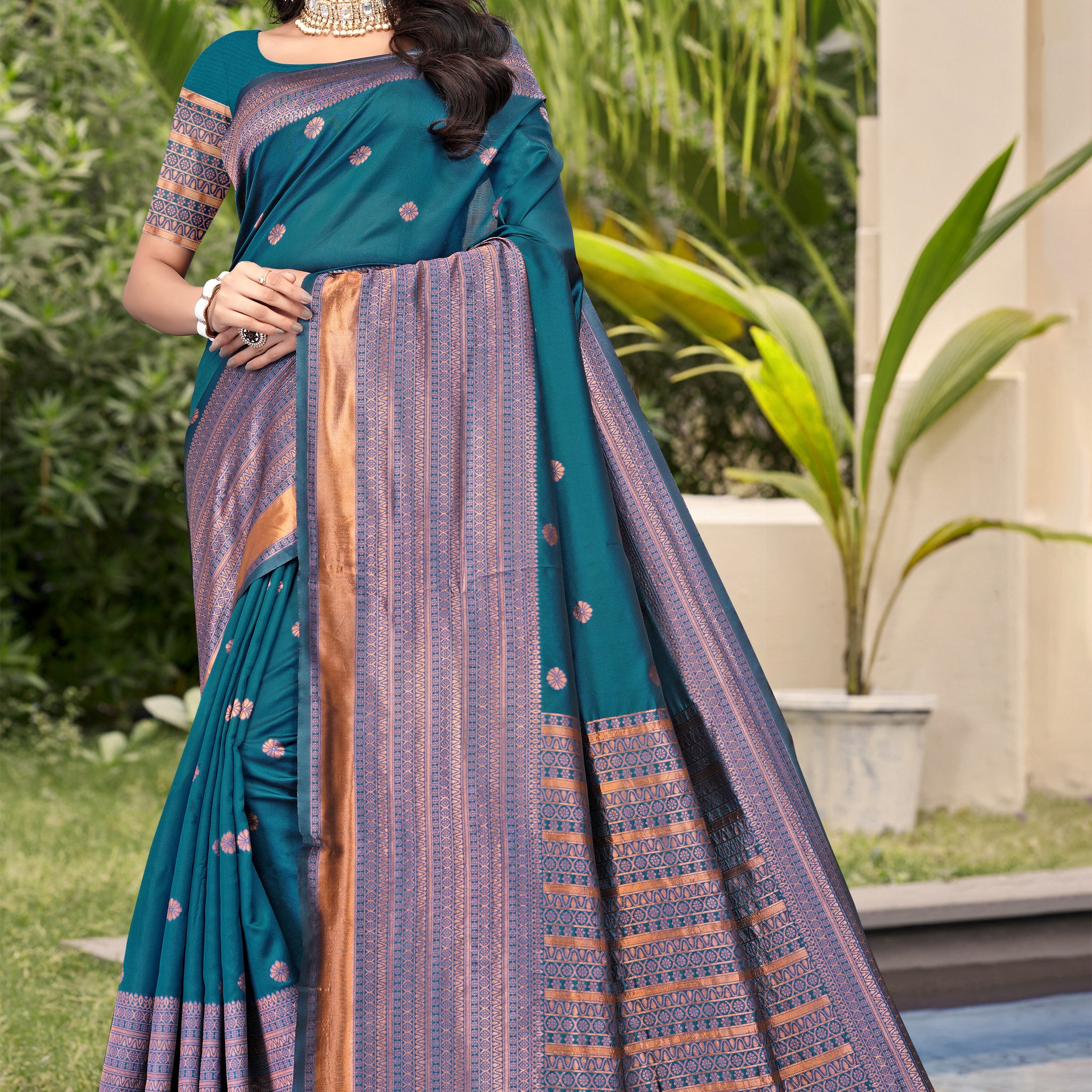 Elegant Teal Blue Banarasi Silk Saree with Copper Zari Weaving
