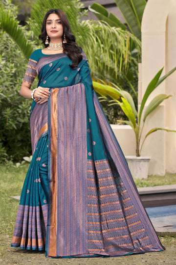 Elegant Teal Blue Banarasi Silk Saree with Copper Zari Weaving
