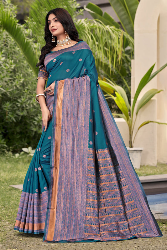 Elegant Teal Blue Banarasi Silk Saree with Copper Zari Weaving