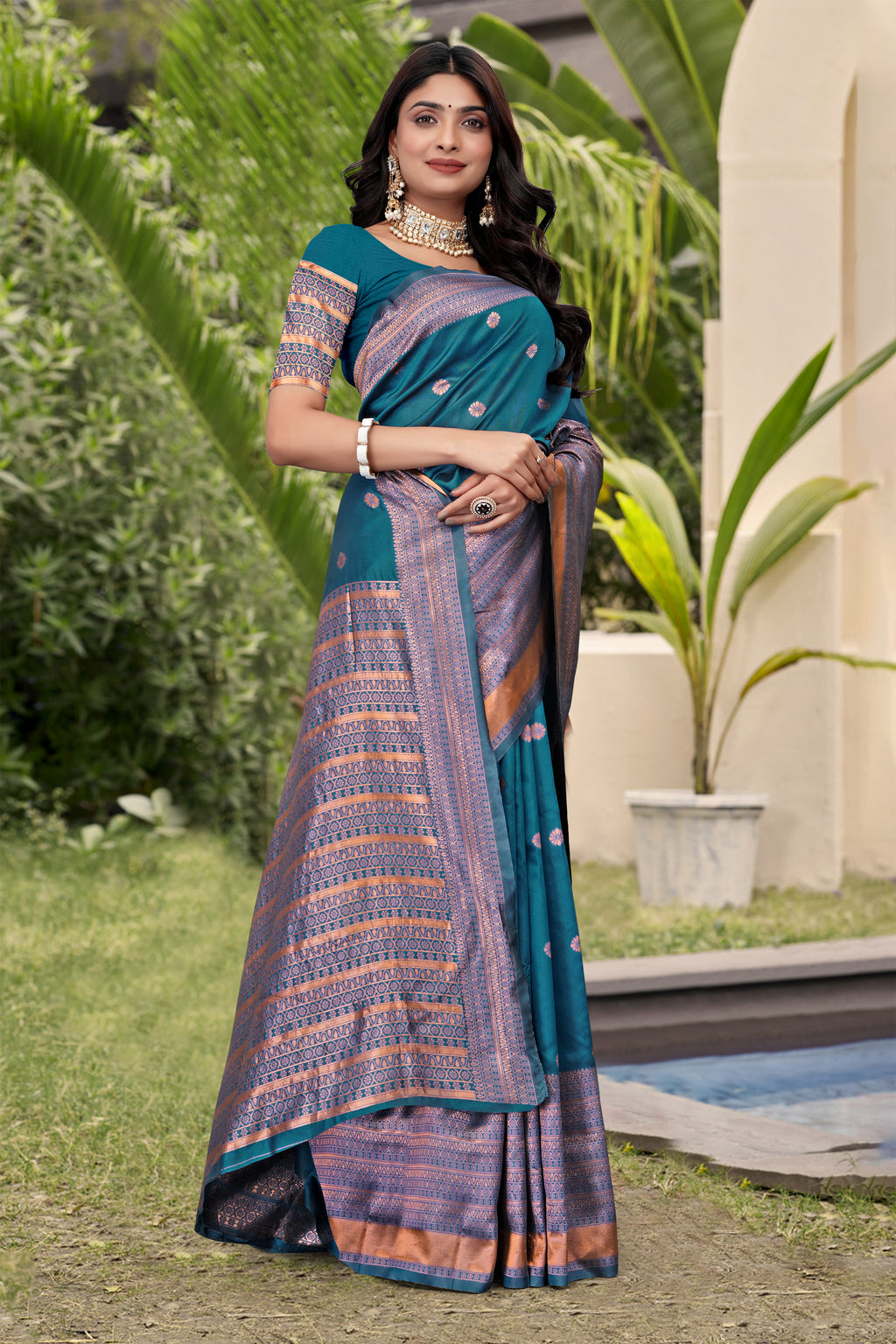 Elegant Teal Blue Banarasi Silk Saree with Copper Zari Weaving