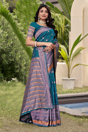 Elegant Teal Blue Banarasi Silk Saree with Copper Zari Weaving