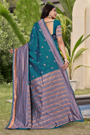 Elegant Teal Blue Banarasi Silk Saree with Copper Zari Weaving