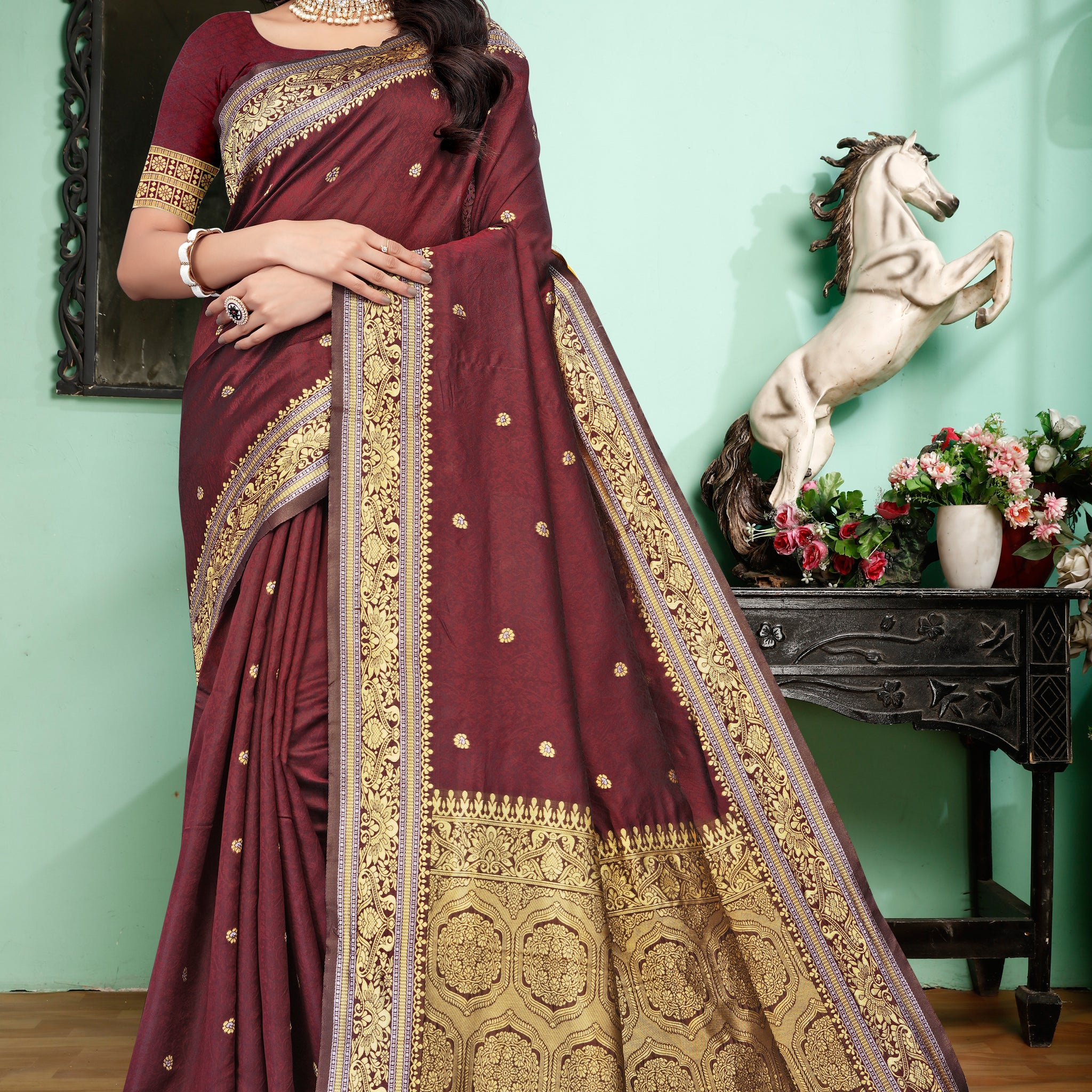 Luxurious Maroon Banarasi Silk Saree with Grand Golden Zari