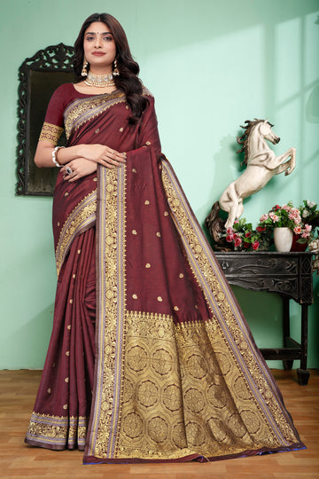 Luxurious Maroon Banarasi Silk Saree with Grand Golden Zari