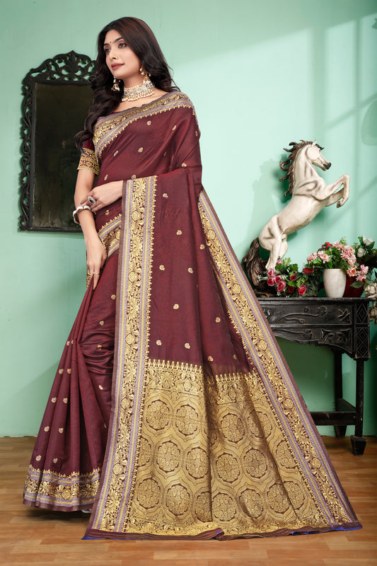 Luxurious Maroon Banarasi Silk Saree with Grand Golden Zari
