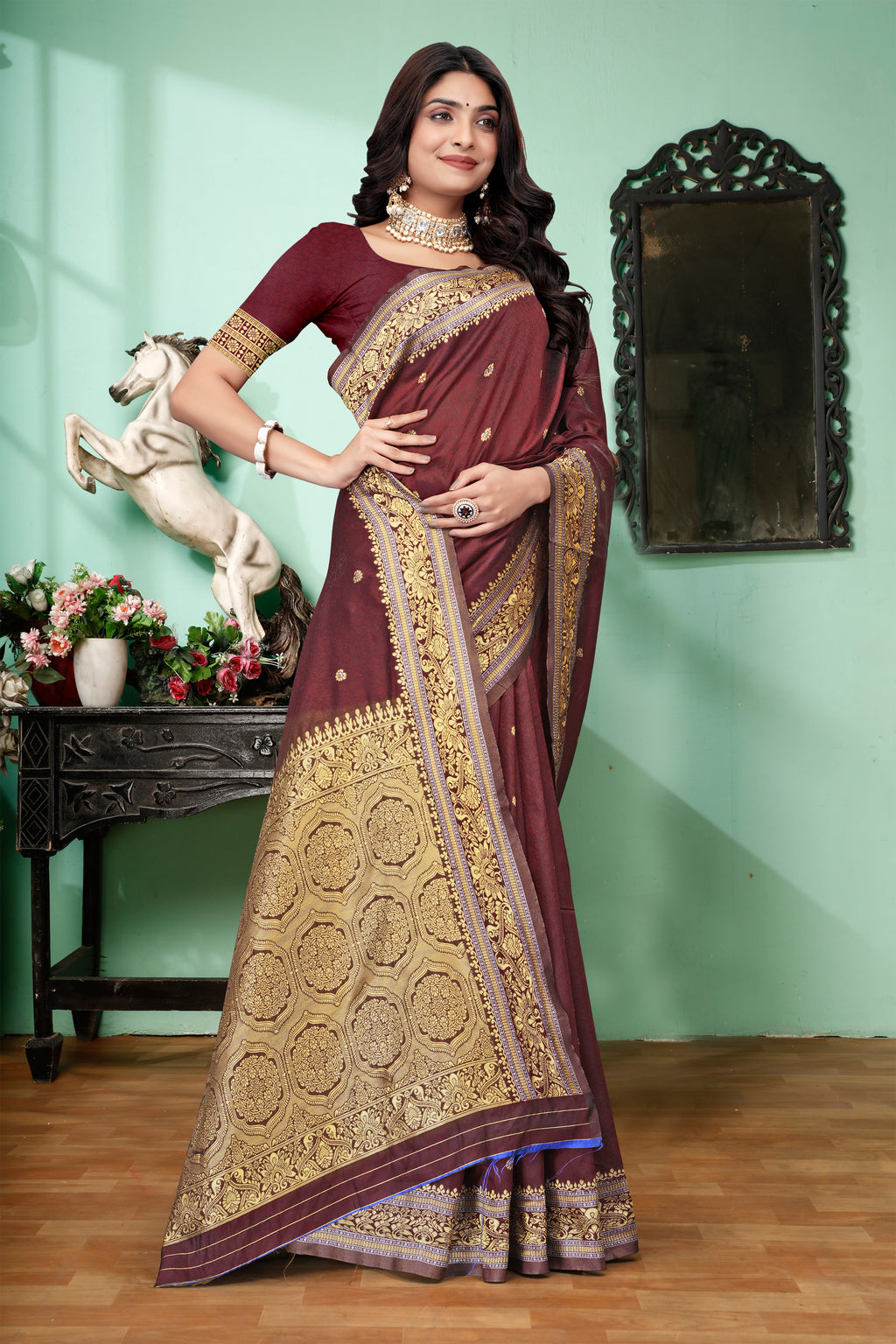 Luxurious Maroon Banarasi Silk Saree with Grand Golden Zari