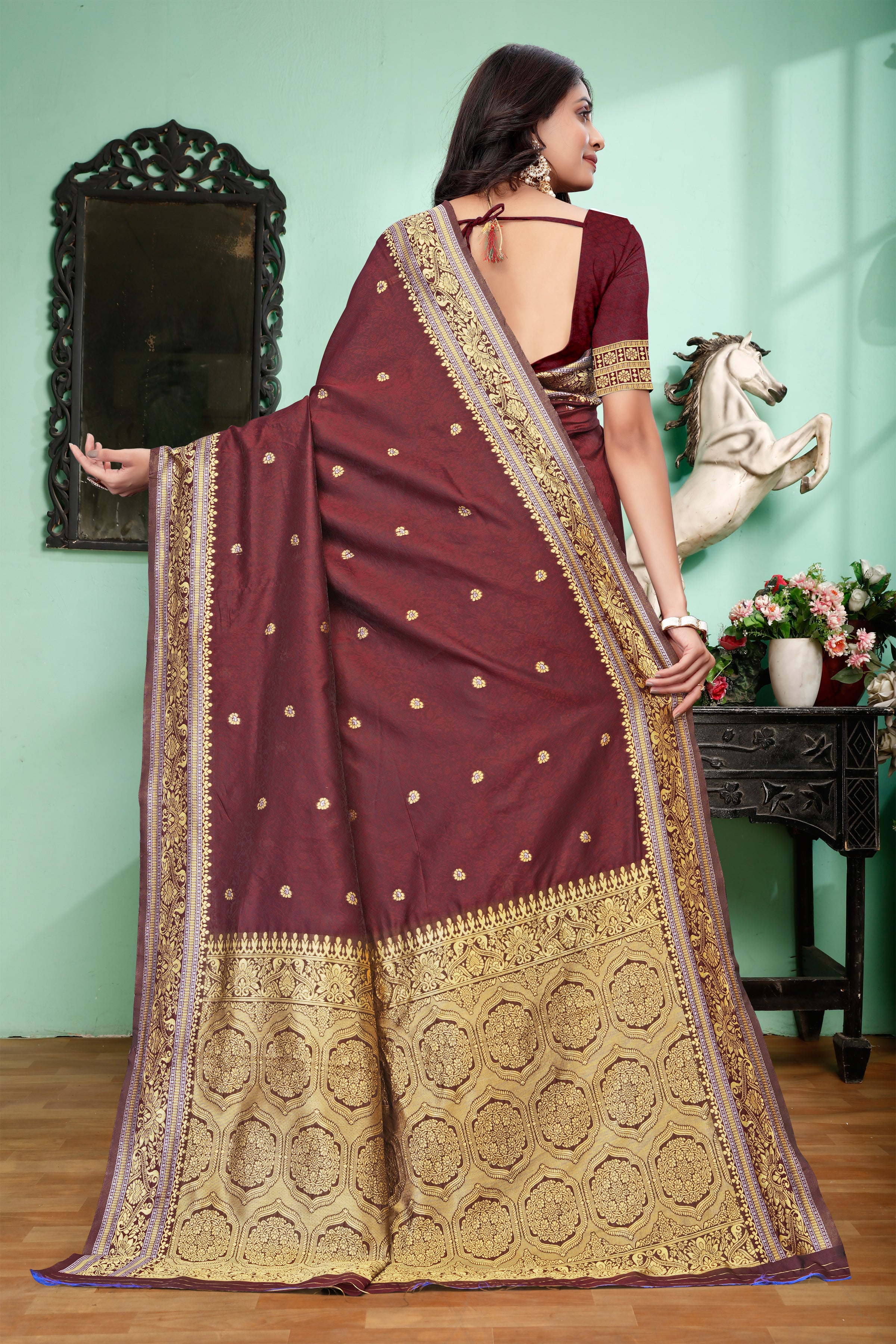 Luxurious Maroon Banarasi Silk Saree with Grand Golden Zari