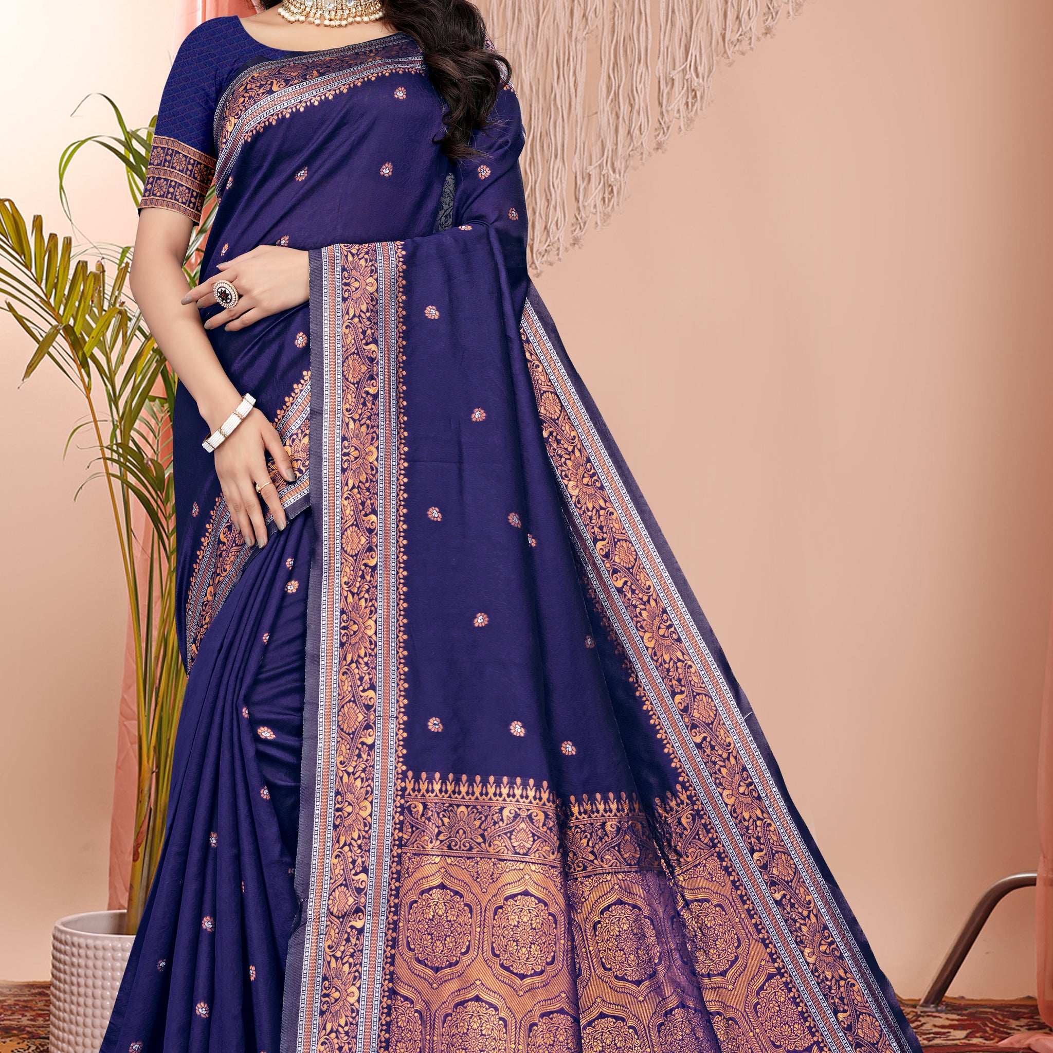 Majestic Indigo Blue Banarasi Silk Saree with Copper Zari