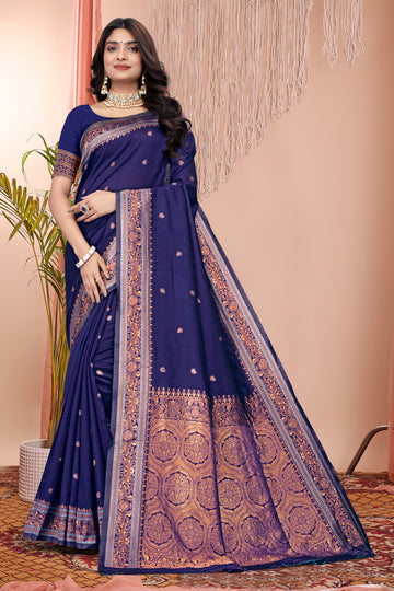 Majestic Indigo Blue Banarasi Silk Saree with Copper Zari
