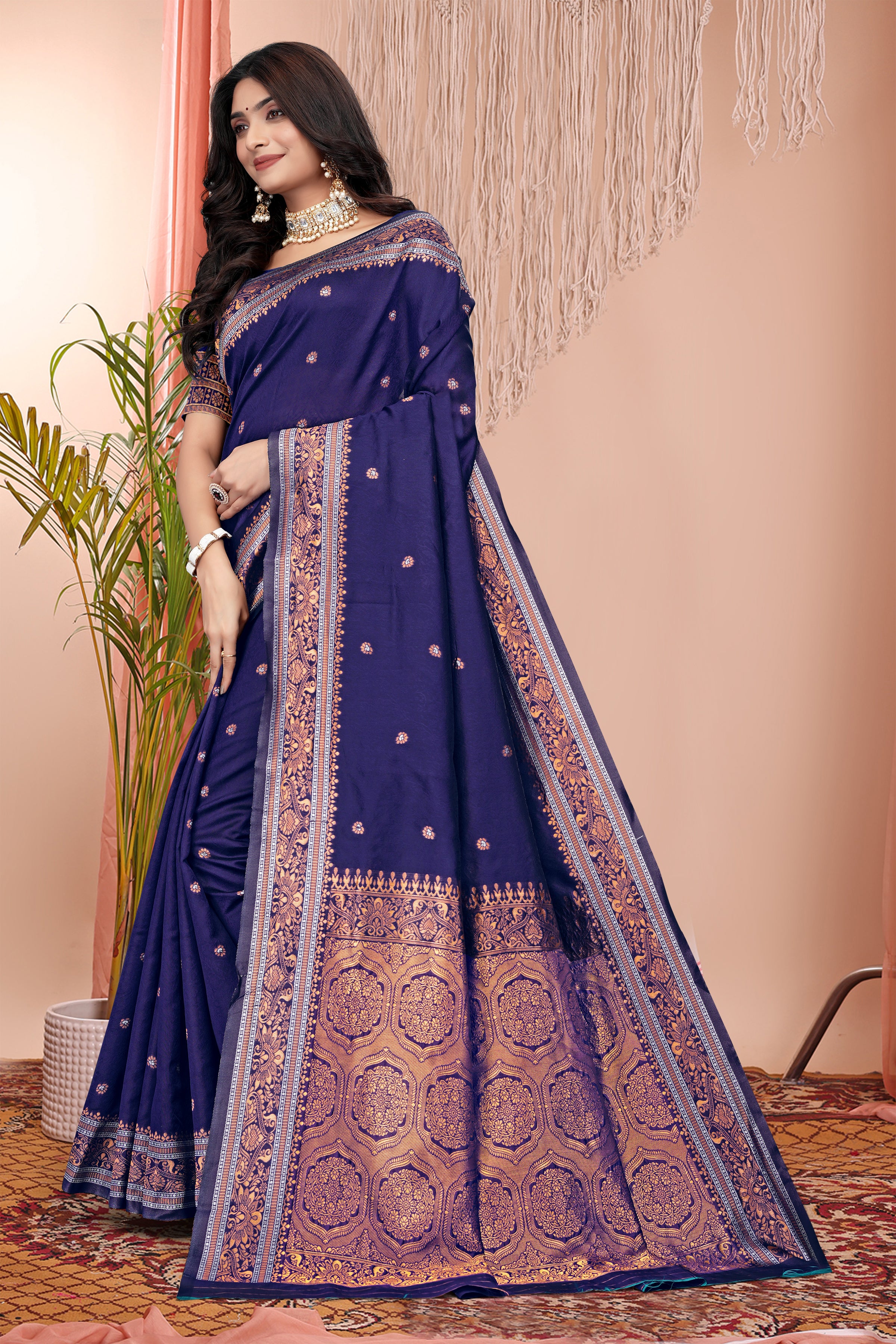 Majestic Indigo Blue Banarasi Silk Saree with Copper Zari