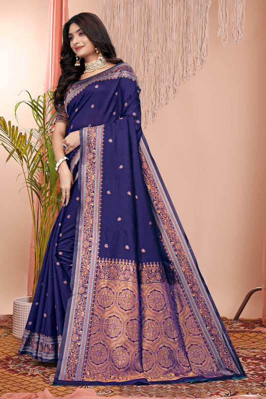 Majestic Indigo Blue Banarasi Silk Saree with Copper Zari