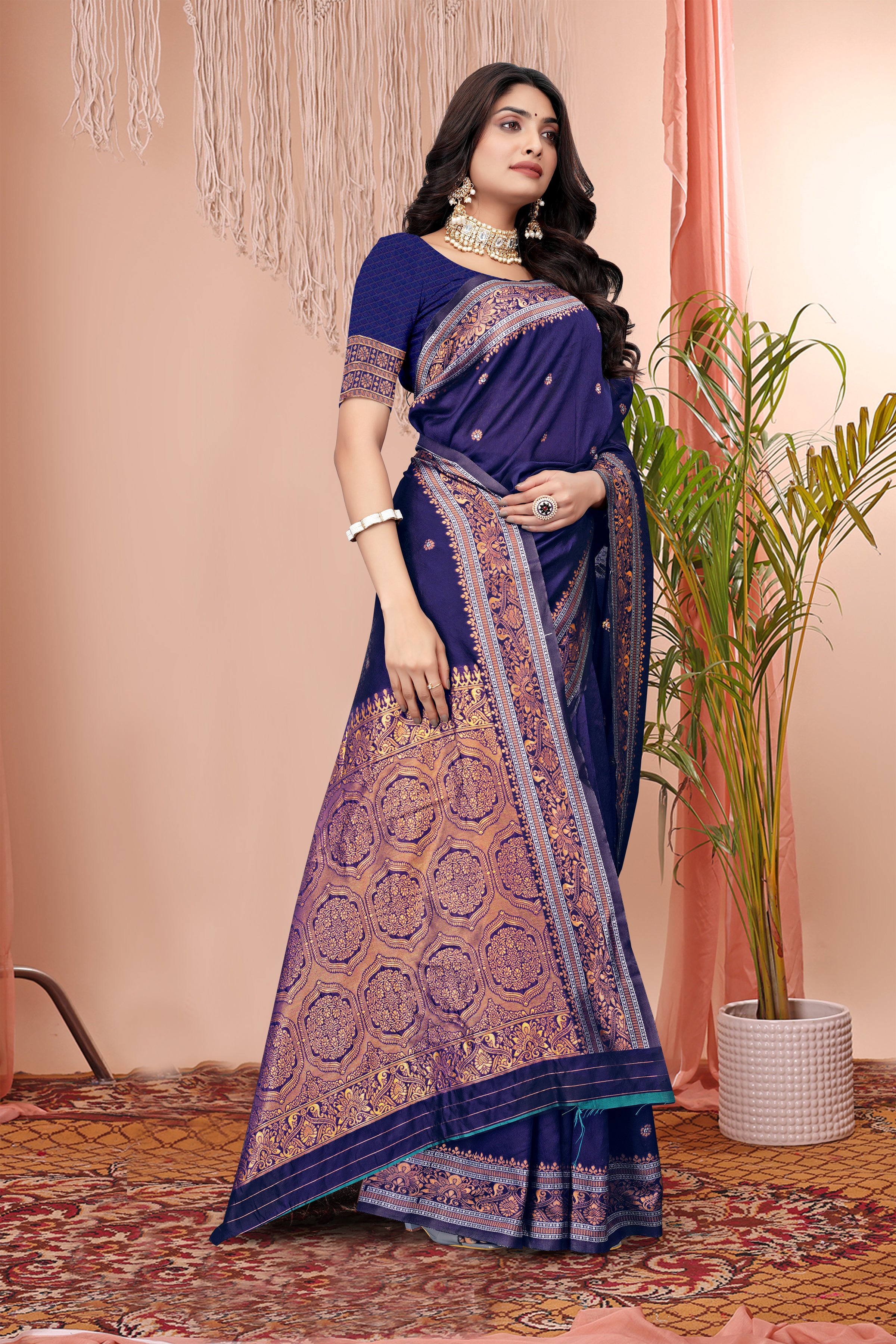 Majestic Indigo Blue Banarasi Silk Saree with Copper Zari