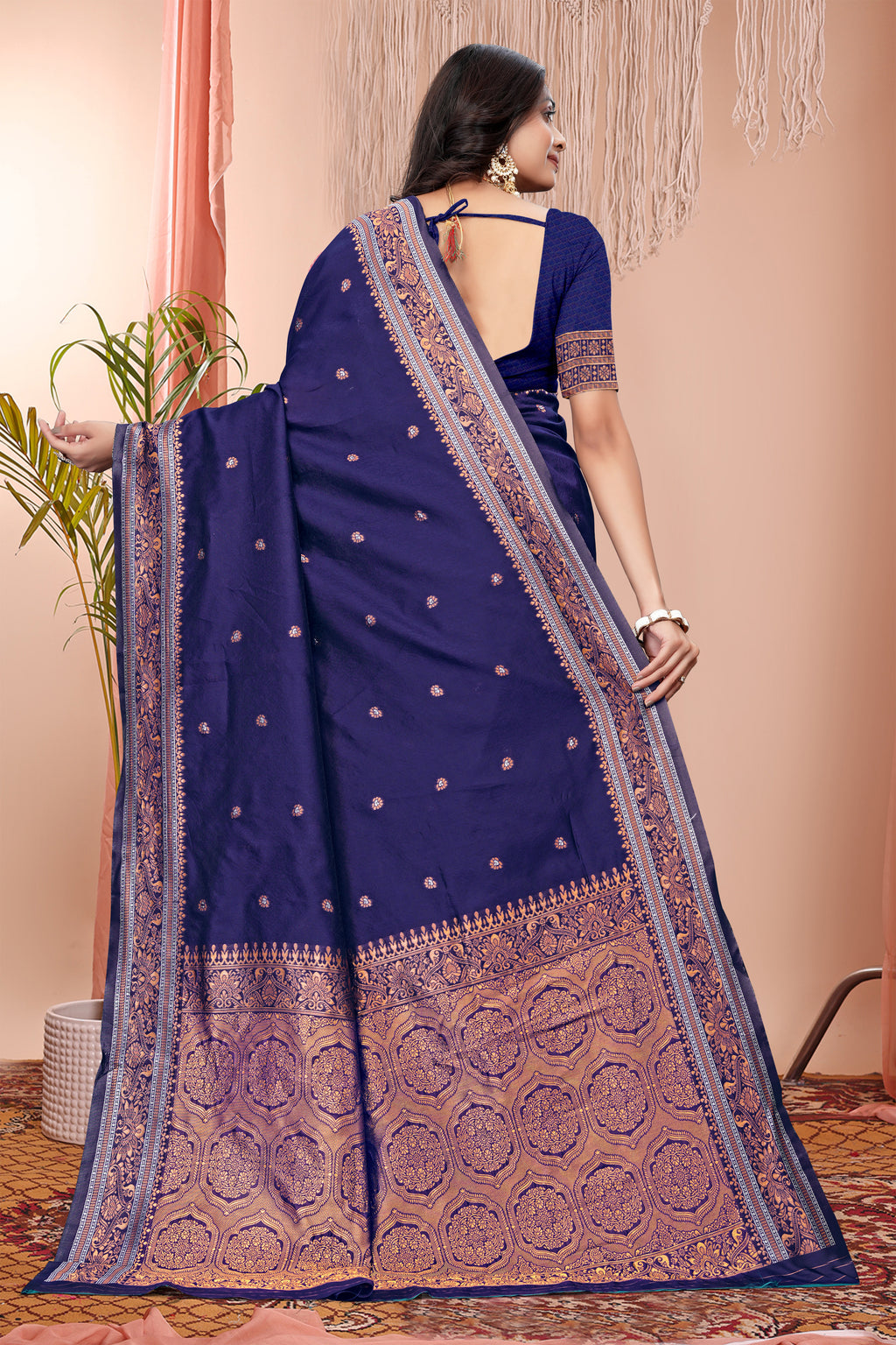 Majestic Indigo Blue Banarasi Silk Saree with Copper Zari