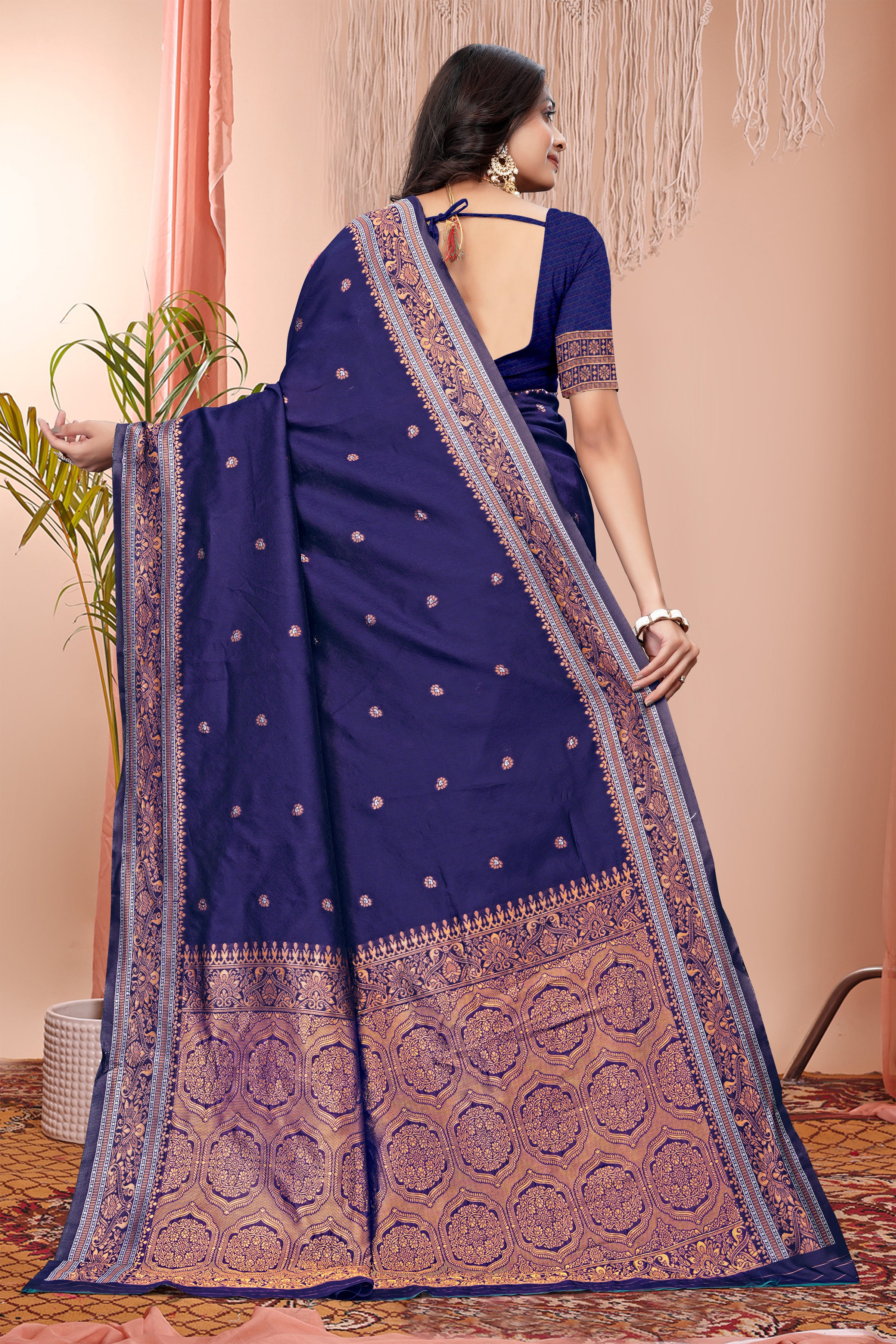 Majestic Indigo Blue Banarasi Silk Saree with Copper Zari
