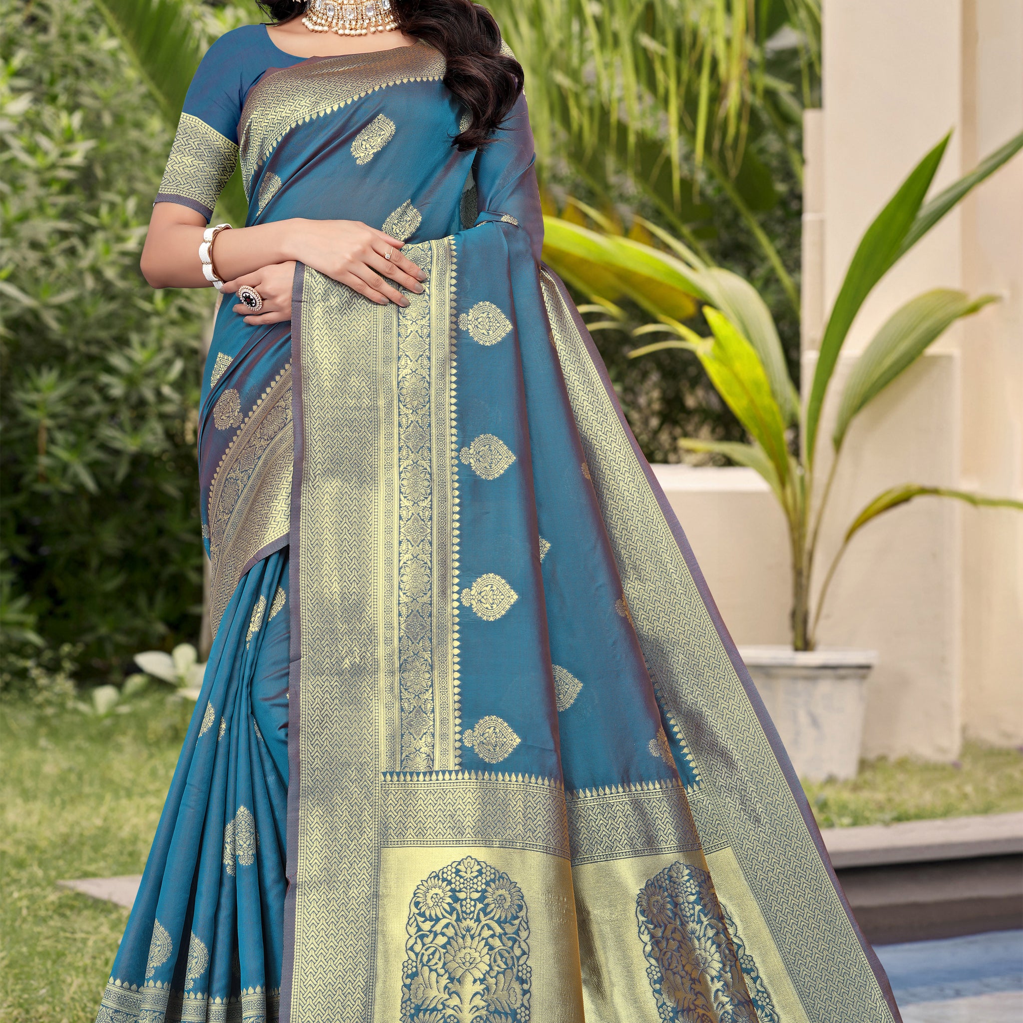 Elegant Teal Blue Banarasi Silk Saree with Golden Zari