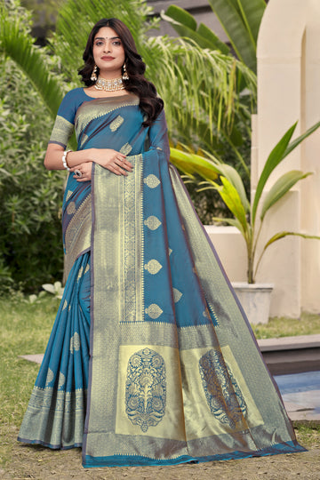 Elegant Teal Blue Banarasi Silk Saree with Golden Zari